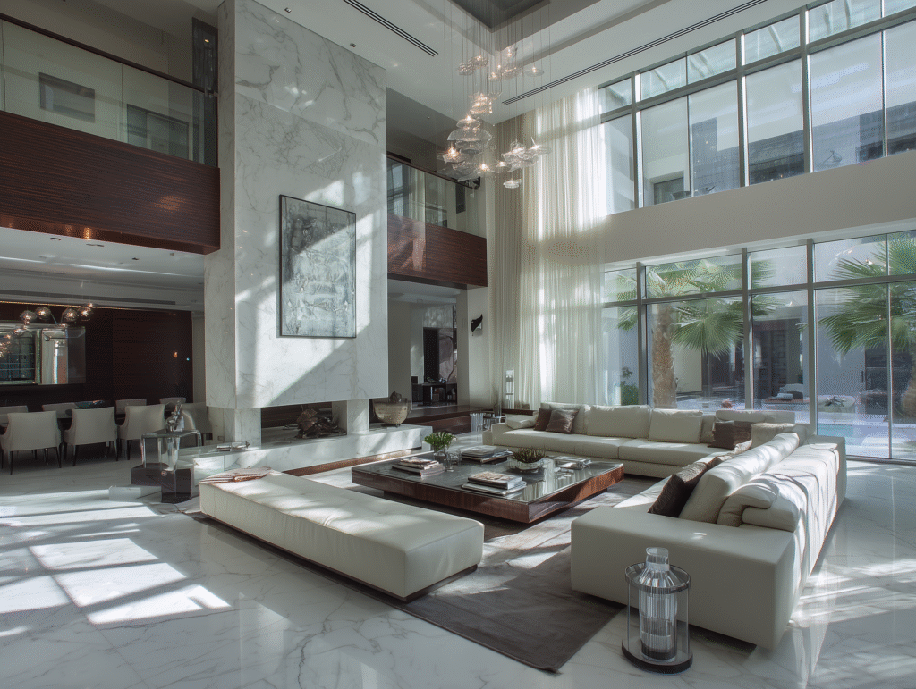 Interior design statistics UK 2026 showing a luxury living room with designer furniture, lighting and home décor trends
