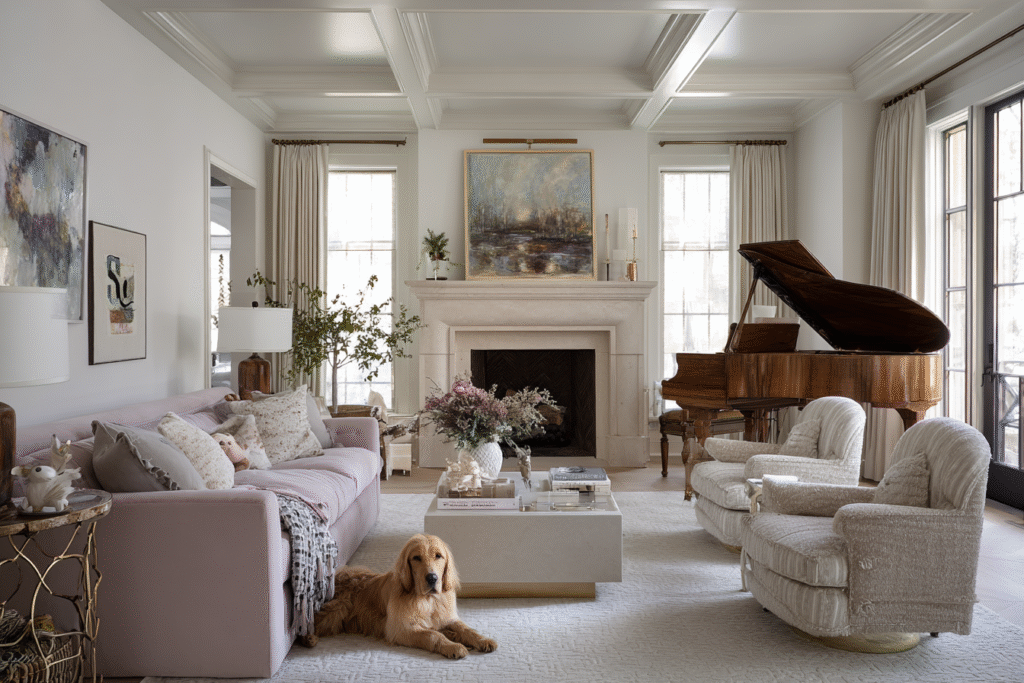 Interior design trends UK 2026 showing quiet luxury interiors, warm neutrals, statement lighting and natural materials