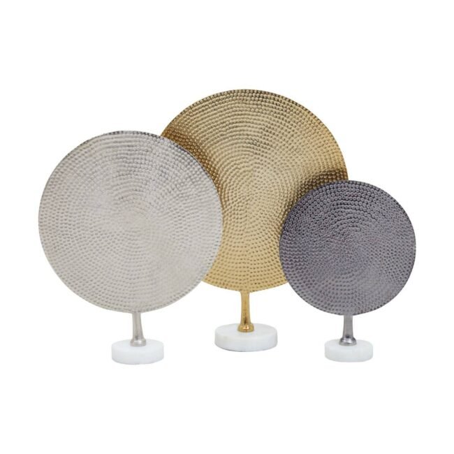 Eli Set Of Three Gold Silver And Black Hammered Metal Sculptures