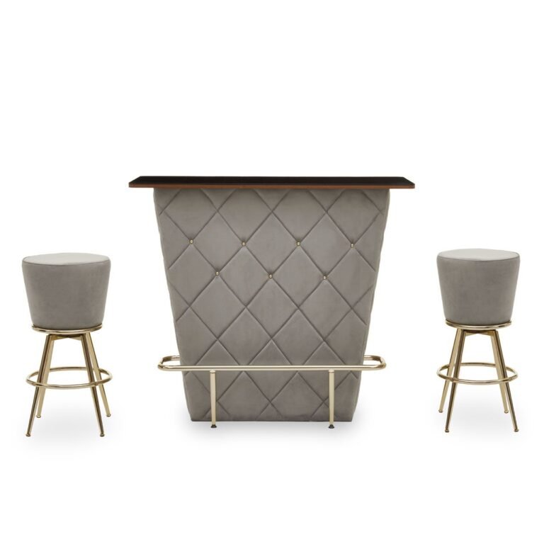 Estley Bar And Grey Velvet Stools Set