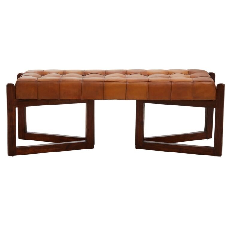 Harrington Bench With Triangular Base: This bench has a button tufted seat upholstered in brown genuine leather. The rectangular seat in dense form padding matches the smooth warm brown cedar wood frame forming an elegant triangular base.