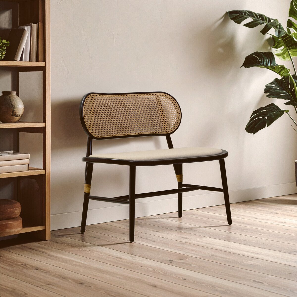 Ebu Natural Cane Bench with Black Elm Wood Frame Ebu Natural Cane Bench with Black Elm Wood Frame