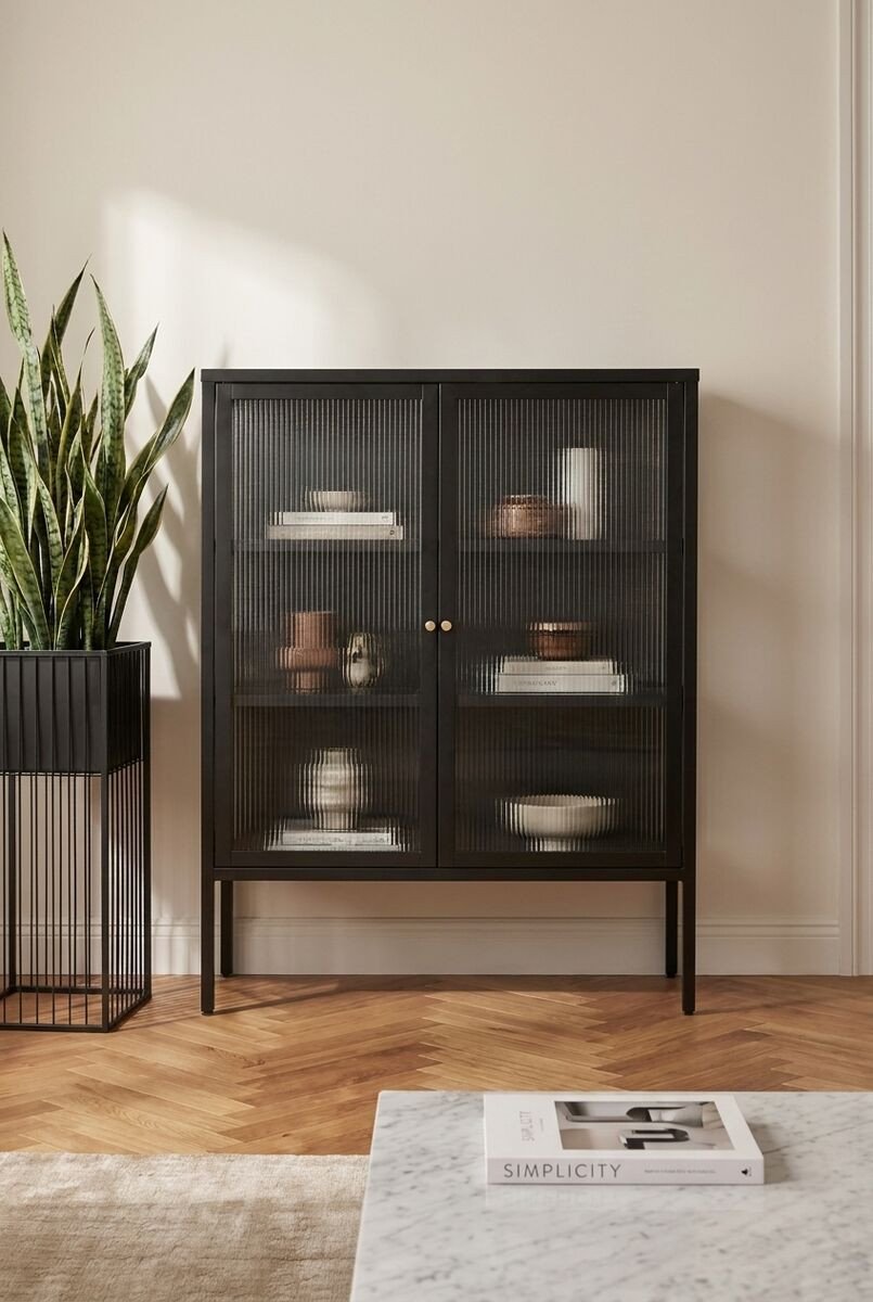 Adderson Black Metal and Fluted Glass Door Cabinet Adderson Black Metal and Fluted Glass Door Cabinet