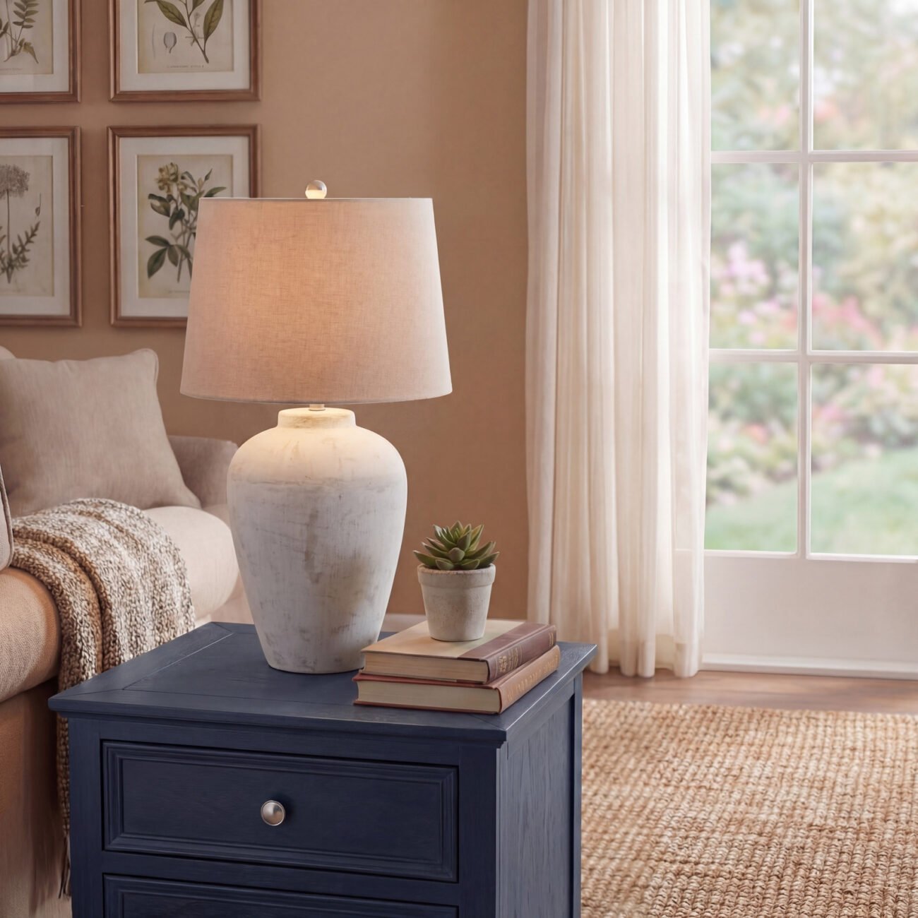 Athena Aged Stone Tall Table Lamp With Linen Shade