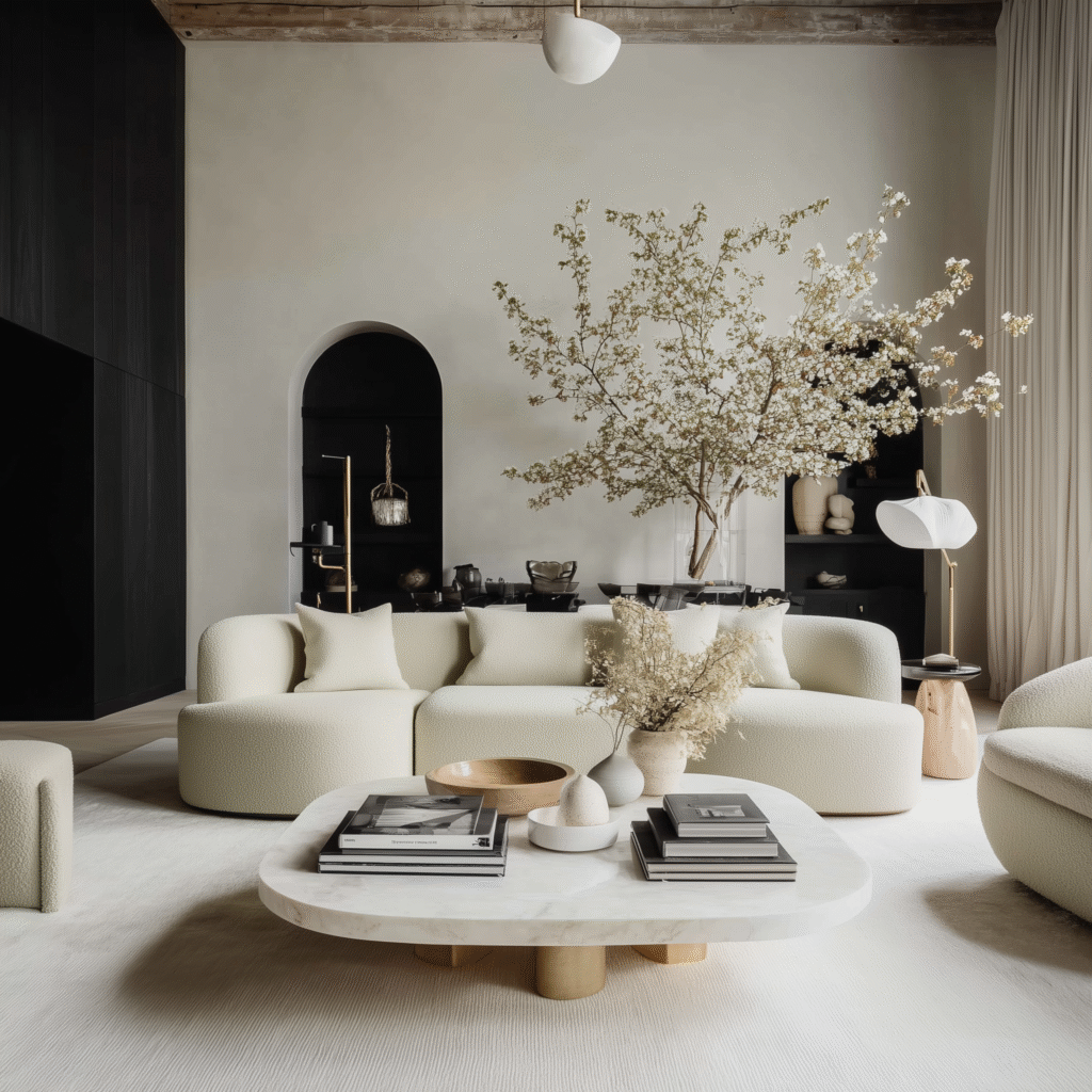 Small round side table in beige living room
