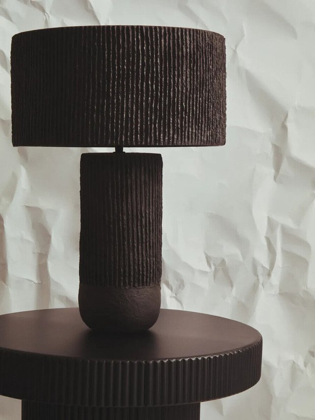 Calvero Black Etched Linear Design Papier Mache Table Lamp Calvero Black Etched Linear Design Papier Mache Table Lamp