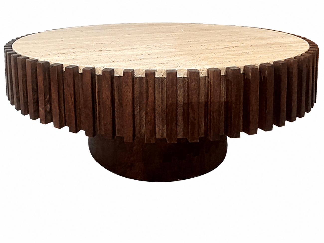 Bibel Round Travertine and Mango Wood Coffee Table