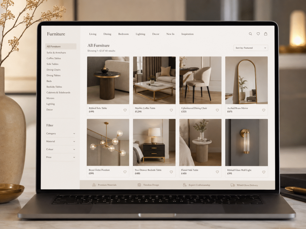 Online furniture shopping UK 2026 showing digital browsing for luxury furniture