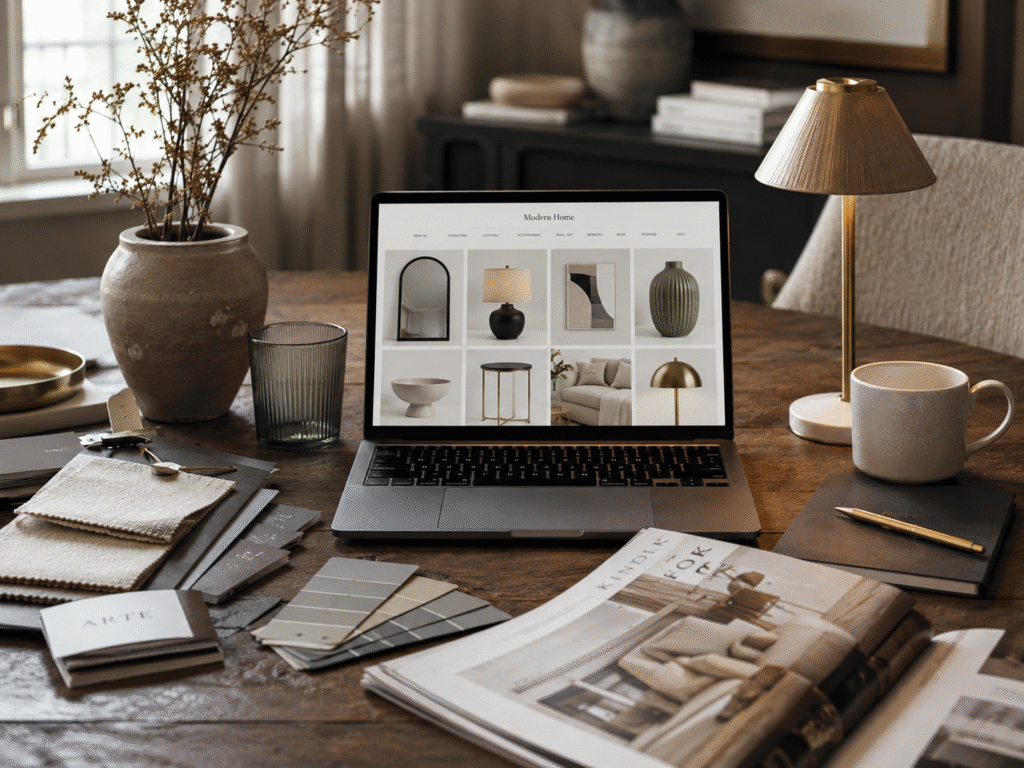 Online home décor shopping UK 2026 showing a laptop with interior inspiration, décor products and design moodboard