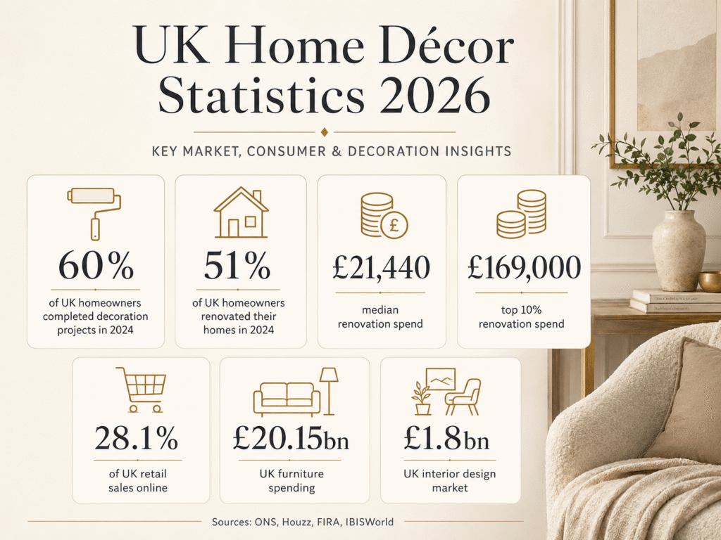 UK home décor market statistics 2026 infographic showing decoration projects, renovation spend, online retail and interior design data