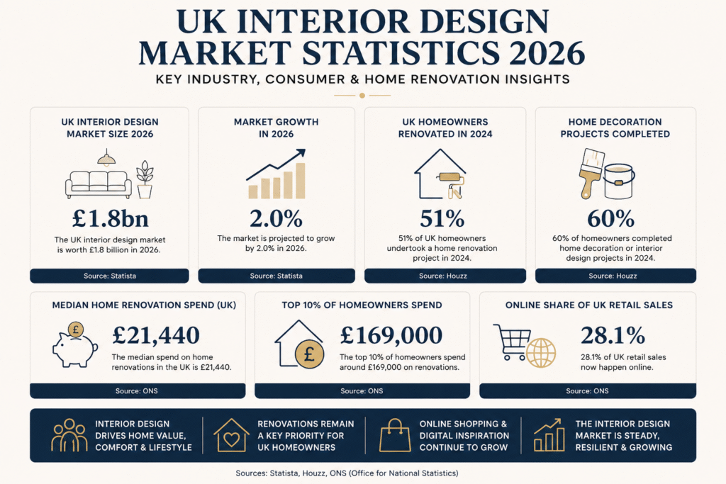 UK interior design market statistics 2026 infographic showing market size, renovation spend and online retail data
