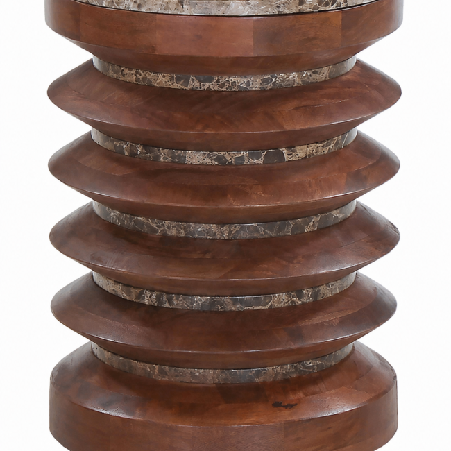 Barla Round Brown Marble and Mango Wood Carved Side Table