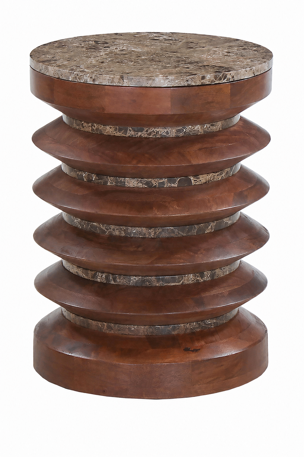 Barla Round Brown Marble and Mango Wood Carved Side Table Barla Round Brown Marble and Mango Wood Carved Side Table