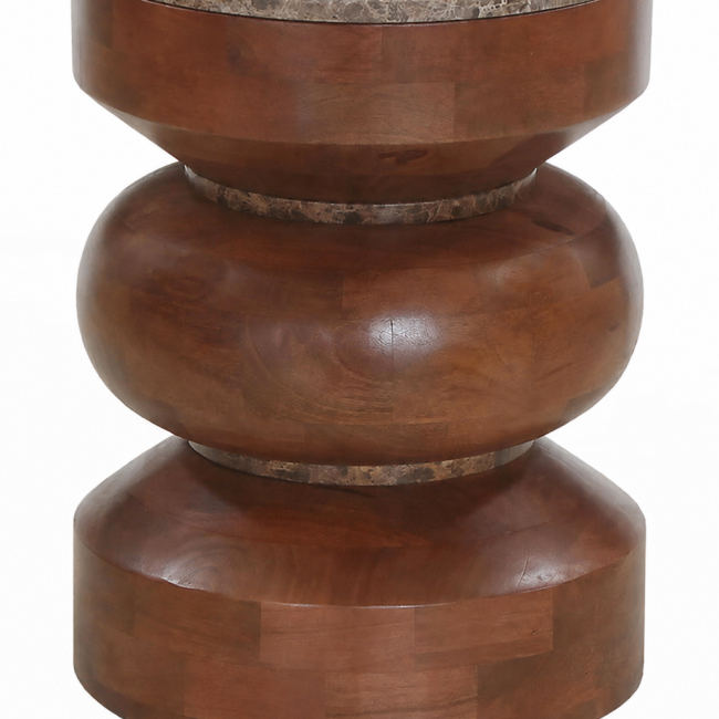 Barla Round Brown Marble and Mango Wood Carved Tiered Side Table