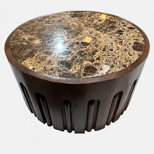 Barla Round Brown Marble and Dark Mango Wood Carved Coffee Table