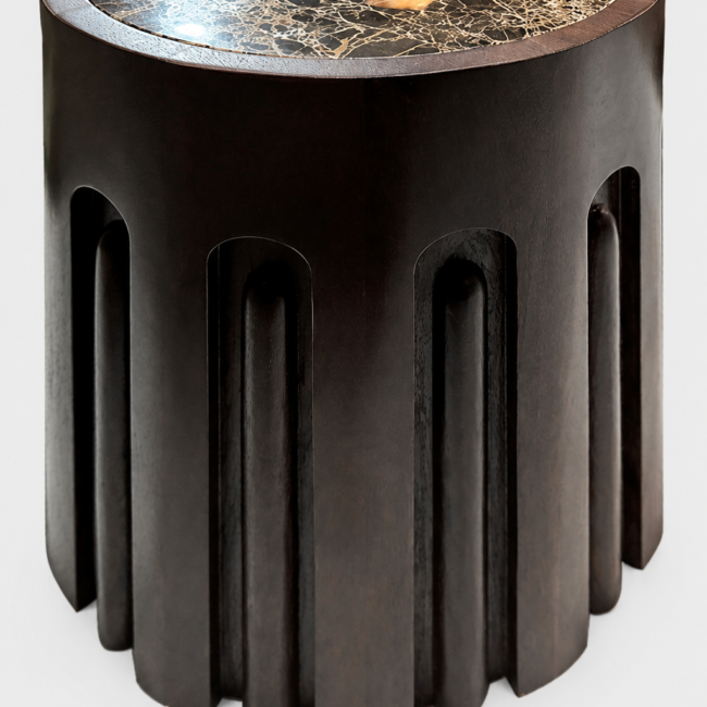 Barla Round Brown Marble and Dark Mango Wood Carved side Table