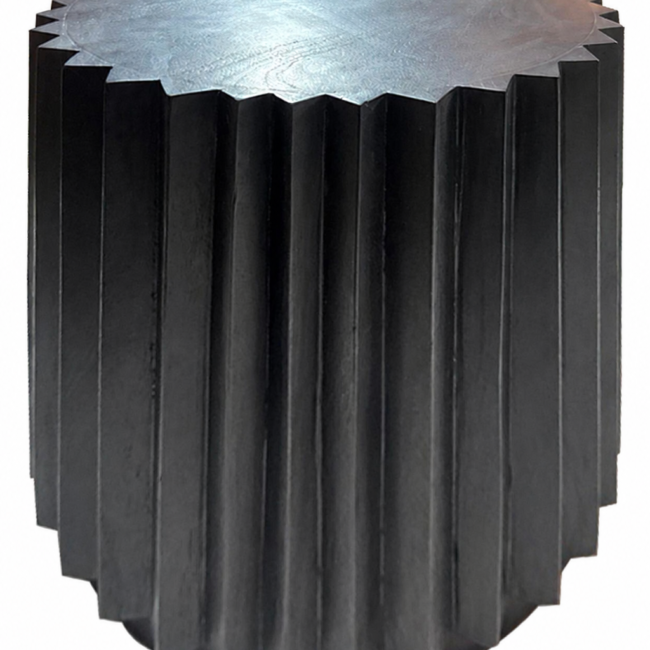 Bato Round Black Mango Wood Carved Ridge Side Table and Stool