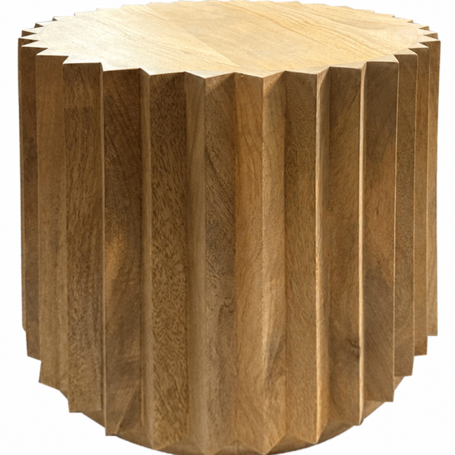 Bato Round Mango Wood Carved Ridged Side Table and Stool