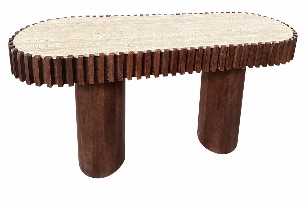 Babel Oval Travertine and Mango Wood Coffee Table