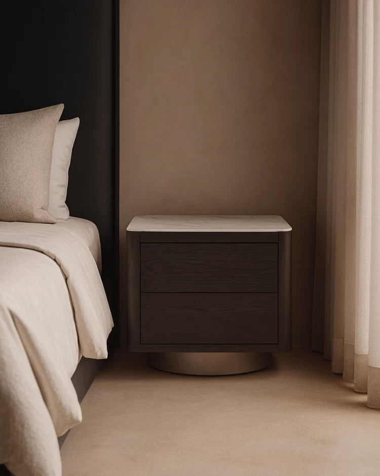 Coin Bedside Table - Smoke Oak & Marble Coin Bedside Table - Smoke Oak & Marble