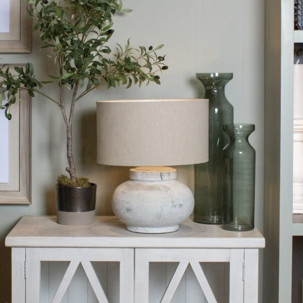 Darcy Antique White Squat Table Lamp With Linen Shade