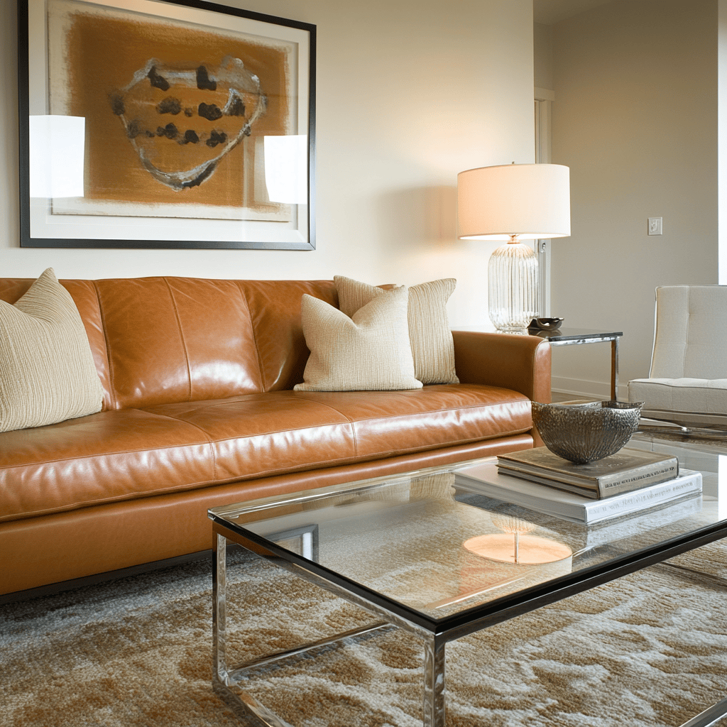 Leather Sofa & Glass Coffee Table