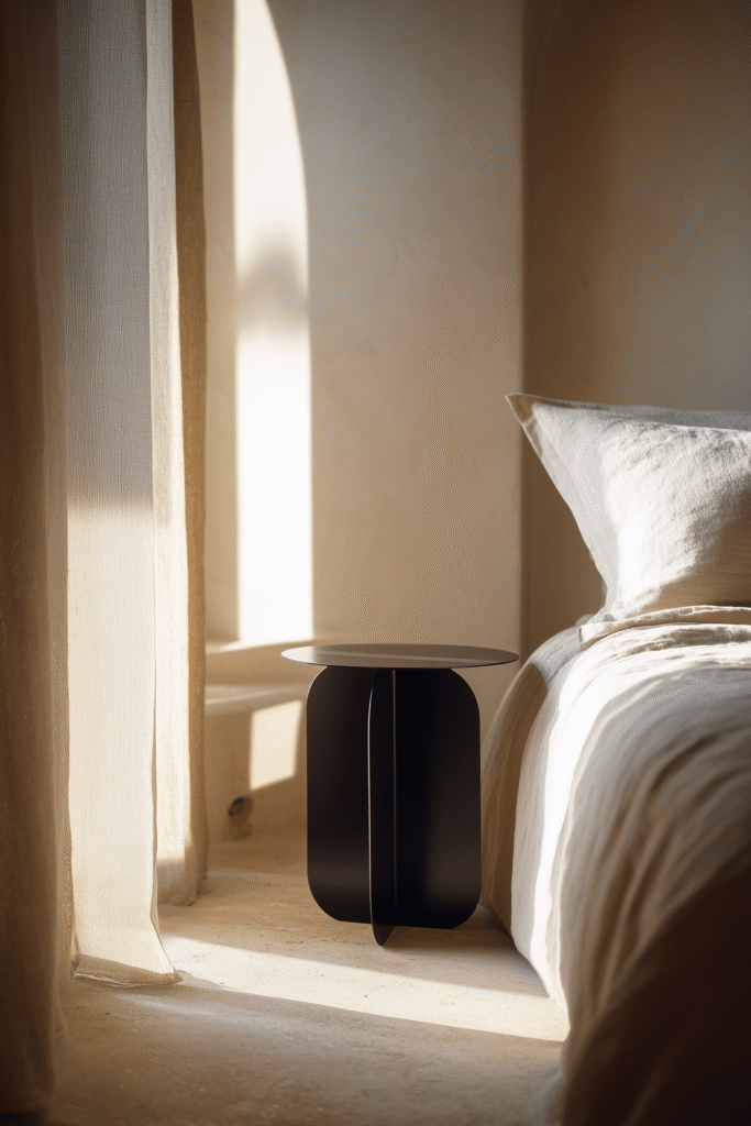 Side table in plush bedroom