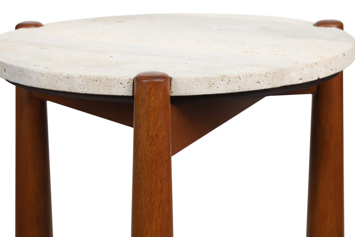 Wilbby Travertine Top and Brown Finish Mango Wood Side Table Wilbby Travertine Top and Brown Finish Mango Wood Side Table