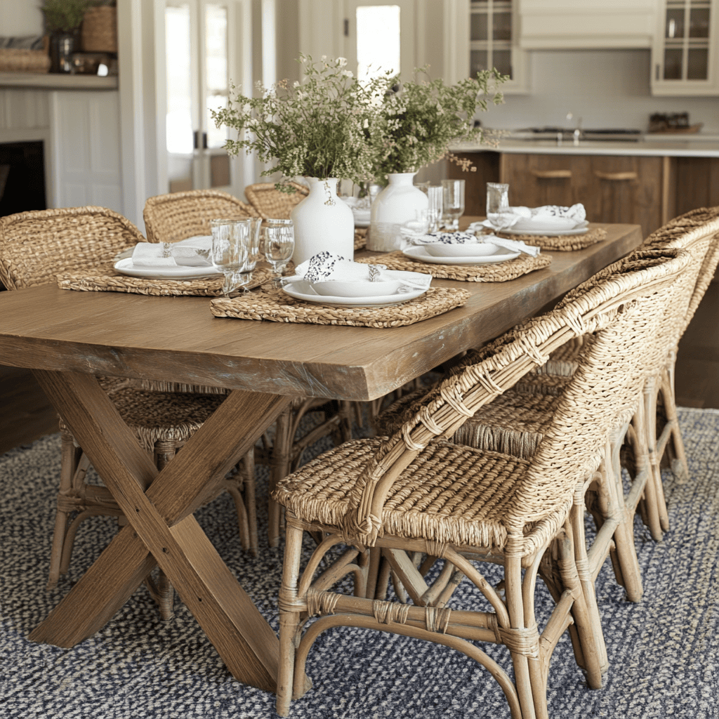 Woven Chairs & Wood Dining Table