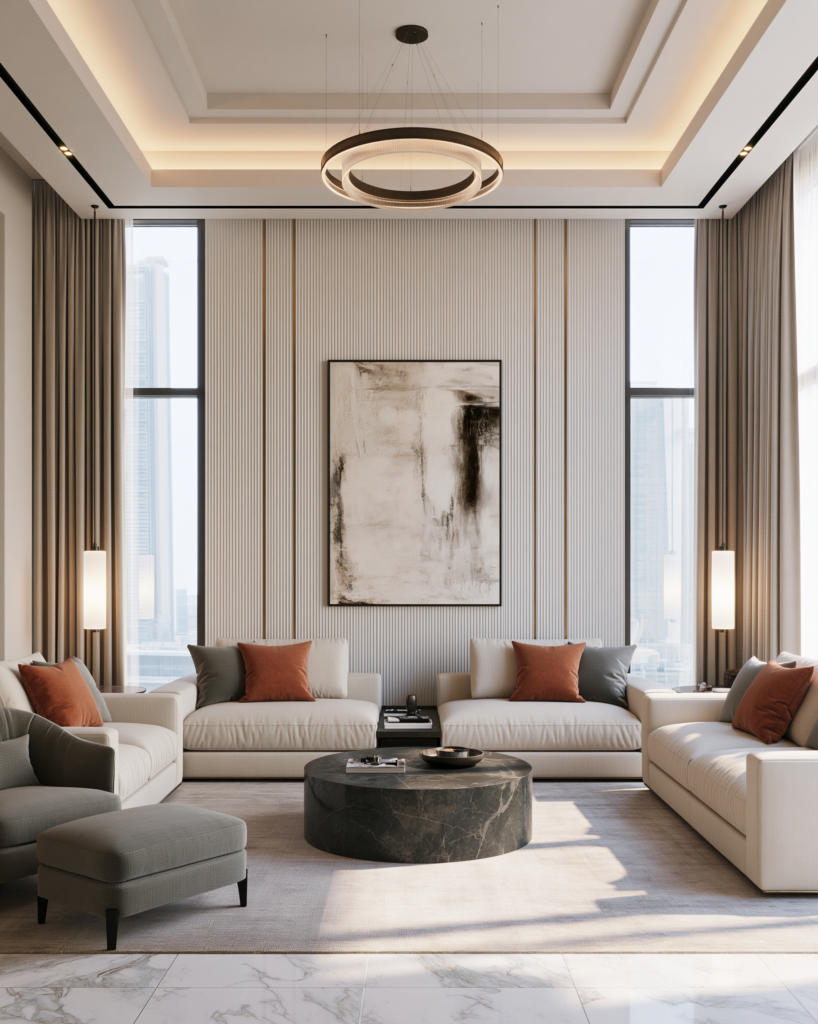 Living room with table lamps, floor lamp and wall lights