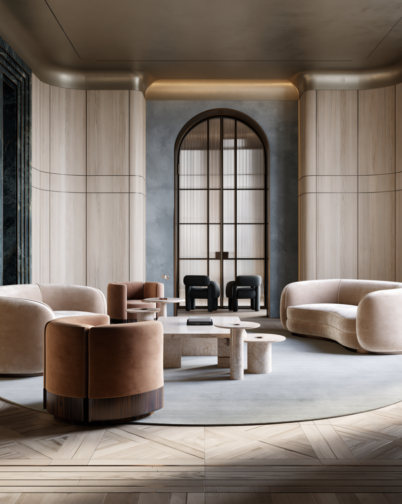Elegant finished living room with layered lighting, rug and artwork