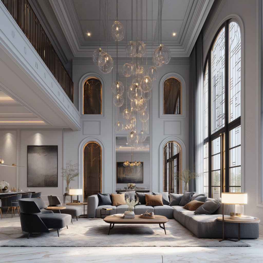 modern chandelier in stylish living room