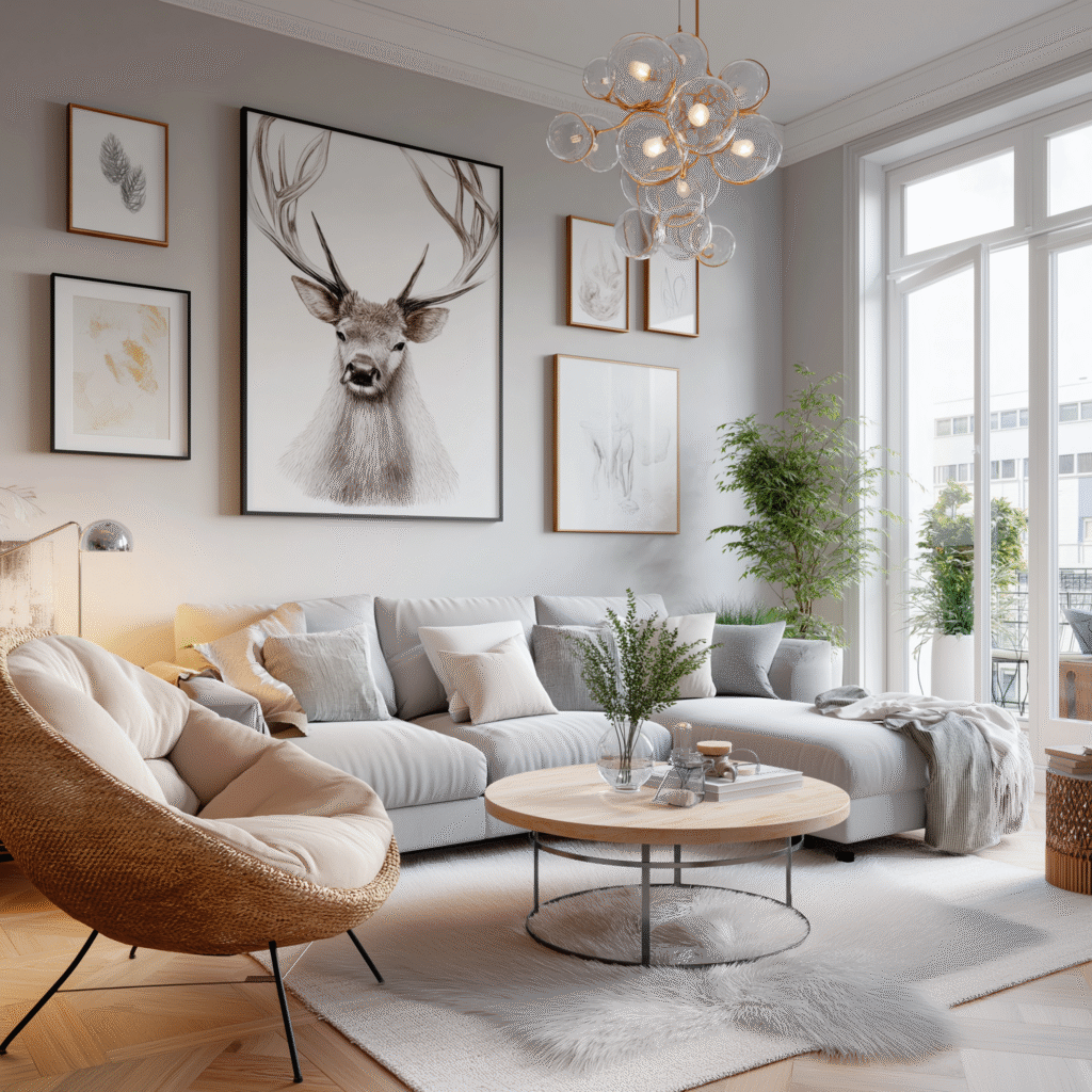 small chandelier in compact living room